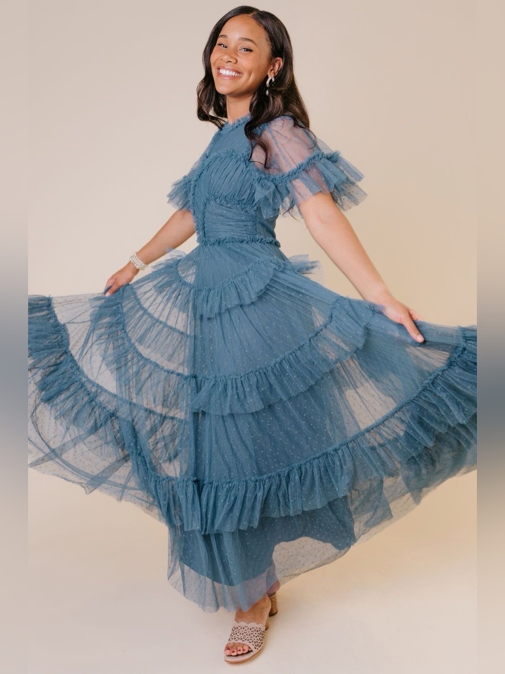 Ivy City Co Slate Blue Whimsical Ruffled Tulle Midi Formal Dress - Picture 2 of 14